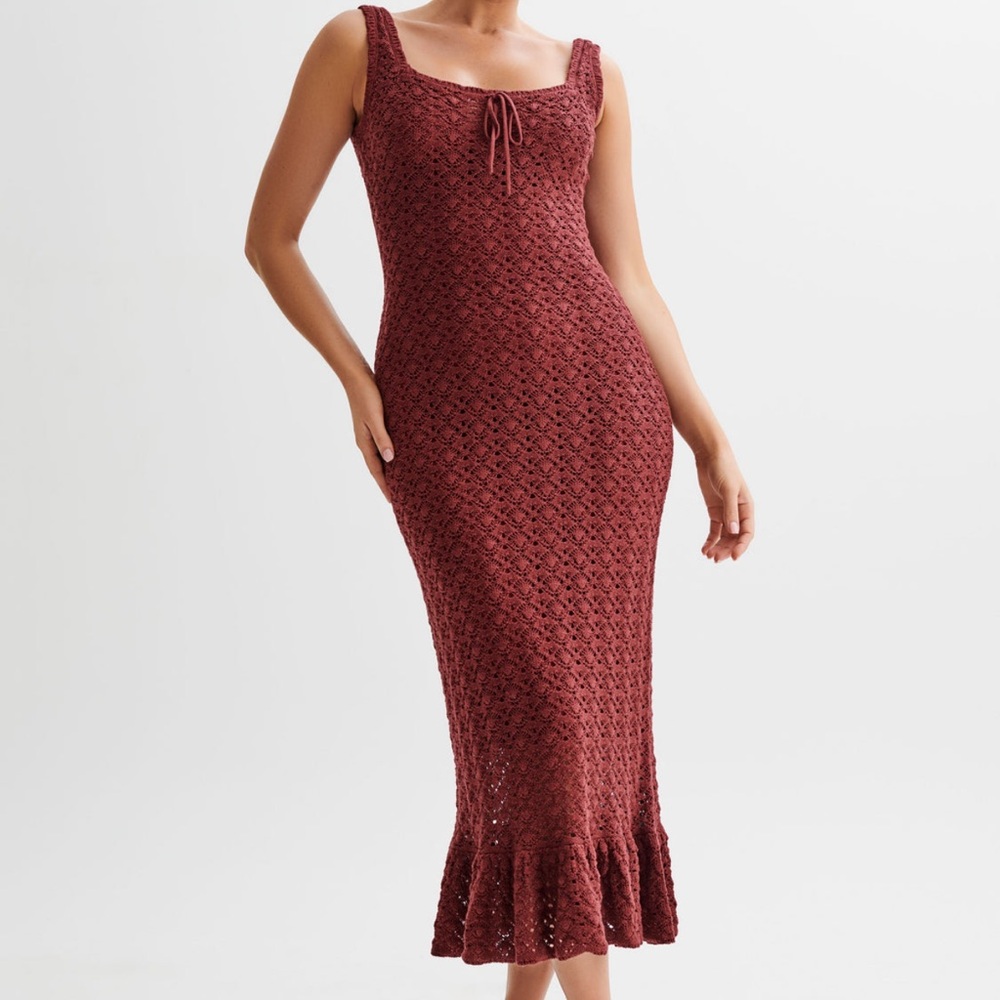 Meshki Burgundy Crochet Midi Dress